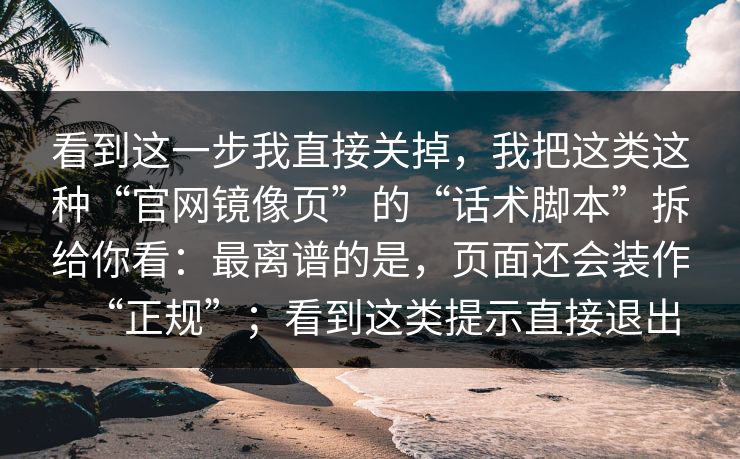 看到这一步我直接关掉，我把这类这种“官网镜像页”的“话术脚本”拆给你看：最离谱的是，页面还会装作“正规”；看到这类提示直接退出